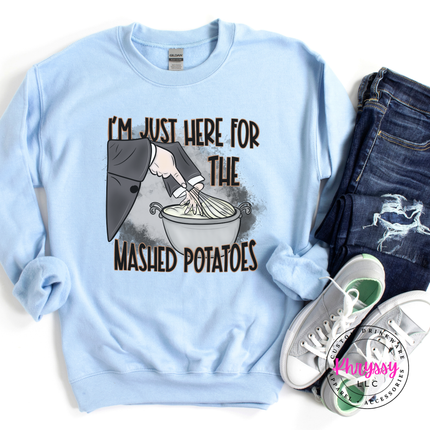 Light Blue crewneck sweatshirt with the mashed potatoes whisk holiday dinner print