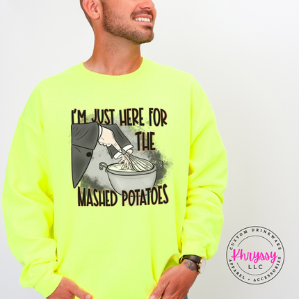 Safety Green crewneck sweatshirt with the funny mashed potatoes Thanksgiving design