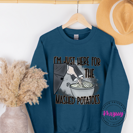 Legion Blue crewneck sweatshirt with a funny mashed potatoes illustration.