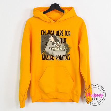 Gold hoodie with the Thanksgiving mashed potatoes quote graphic