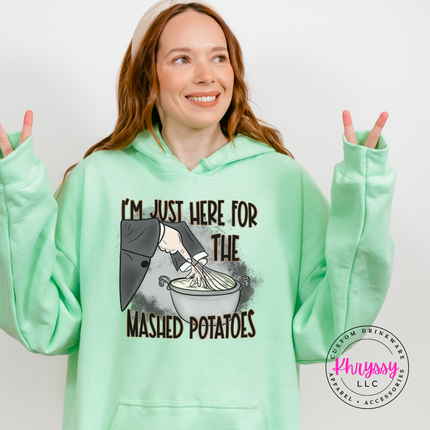 Mint Green hoodie with the mashed potatoes whisk holiday dinner print