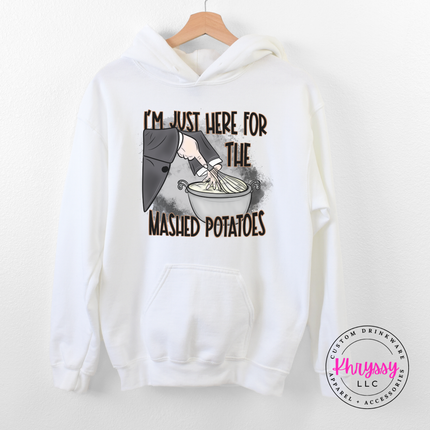 White crewneck sweatshirt with a funny mashed potatoes illustration.