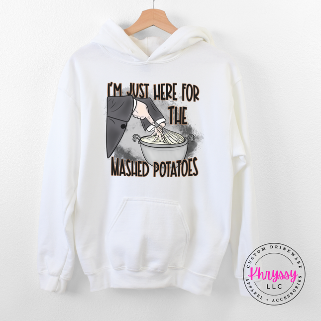 White crewneck sweatshirt with a funny mashed potatoes illustration.