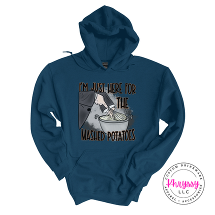 Legion blue crewneck sweatshirt with a mashed potatoes design.