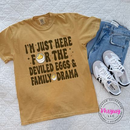 Mustard Comfort Colors tee styled for fall with a deviled eggs graphic.