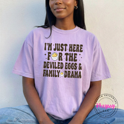 Orchid tee with the retro deviled eggs and family drama lettering