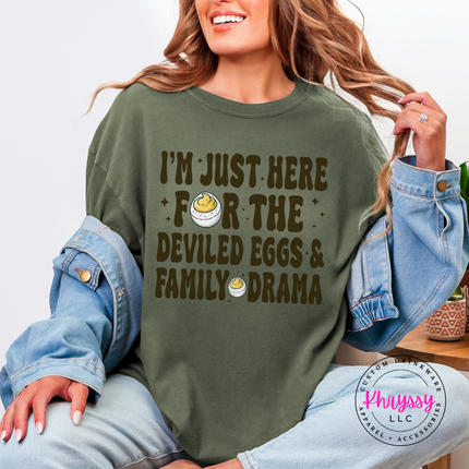Sage tee with the deviled eggs and family drama quote