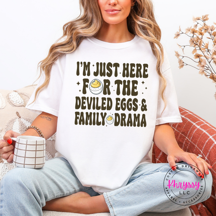 White tee with the funny deviled eggs family drama holiday design