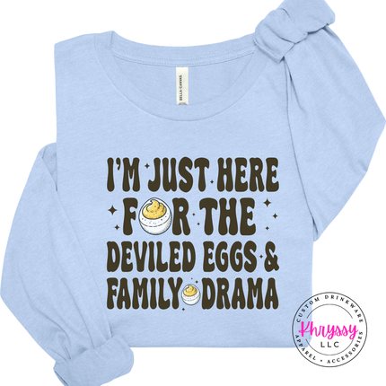 Baby Blue long sleeve tee with the funny deviled eggs family drama holiday design