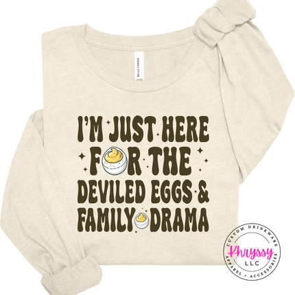 Heather Natural long sleeve featuring a retro deviled egg humor design.