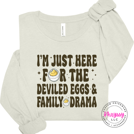 Citron long sleeve tee with the retro deviled eggs and family drama lettering
