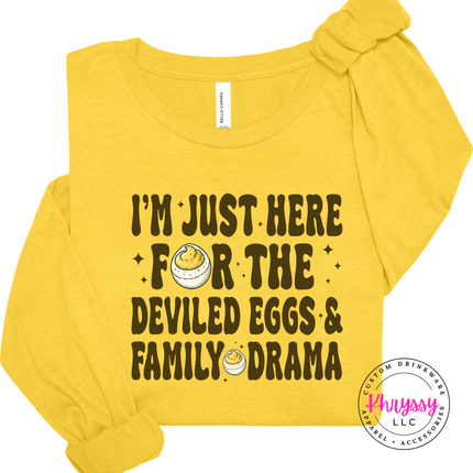 Heather Yellow Gold long sleeve tee with the funny Thanksgiving deviled eggs saying graphic