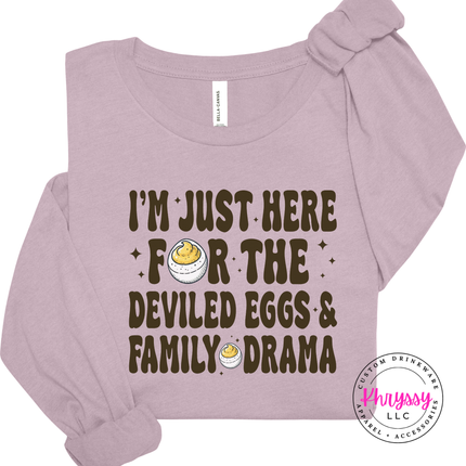 Light Violet long sleeve tee with the funny deviled eggs family drama holiday design