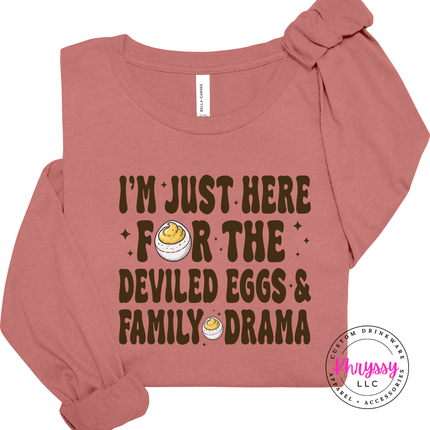 Mauve long sleeve tee with the retro deviled eggs and family drama lettering