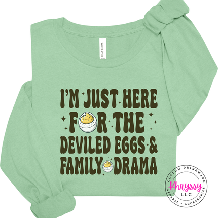 Mint long sleeve tee with the funny Thanksgiving deviled eggs saying graphic
