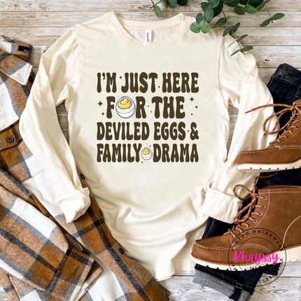 Natural long sleeve tee with the deviled eggs and family drama quote