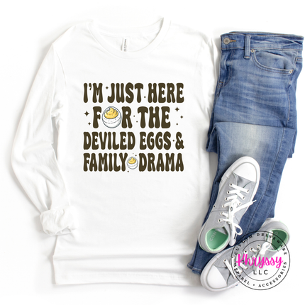 White long sleeve styled for fall with a deviled eggs graphic.