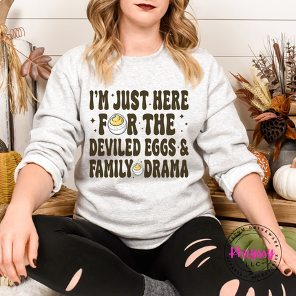 Ash crewneck sweatshirt with the deviled eggs and family drama quote