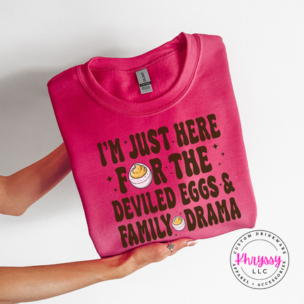 Heliconia crewneck sweatshirt with the funny Thanksgiving deviled eggs saying graphic