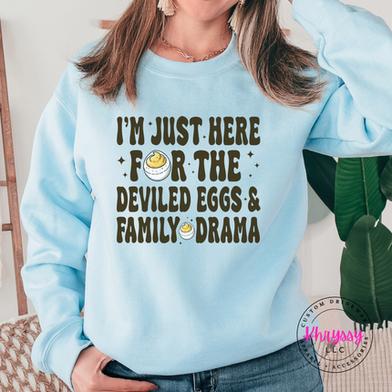 Light Blue crewneck sweatshirt with the deviled eggs and family drama quote
