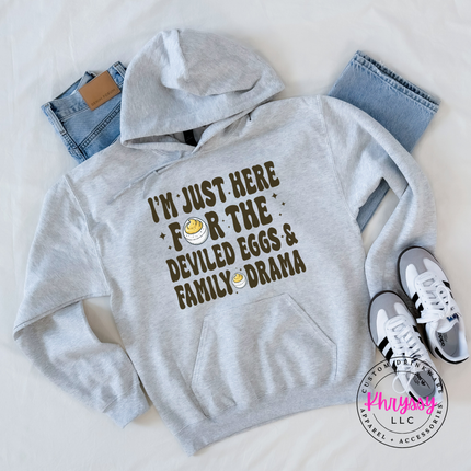 Ash hoodie with the deviled eggs and family drama quote