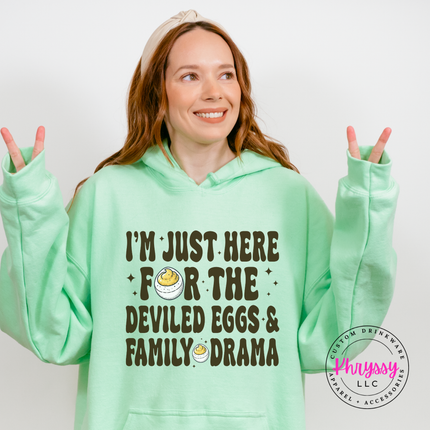 Mint Green hoodie with the retro deviled eggs and family drama lettering