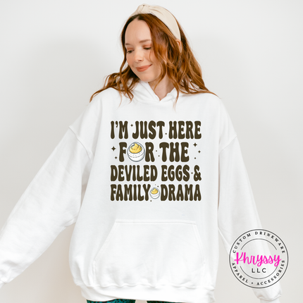 White hoodie with the funny deviled eggs family drama holiday design