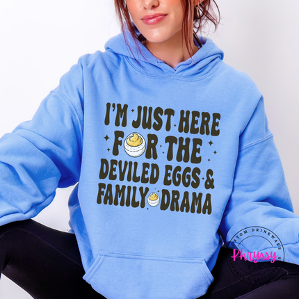 Carolina Blue hoodie with the retro deviled eggs and family drama lettering