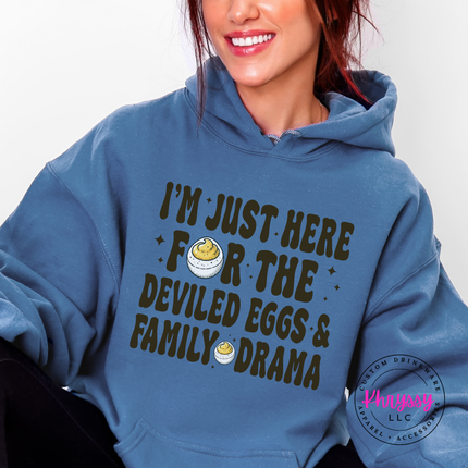 Cozy Indigo blue fleece hoodie featuring a retro deviled egg humor design.
