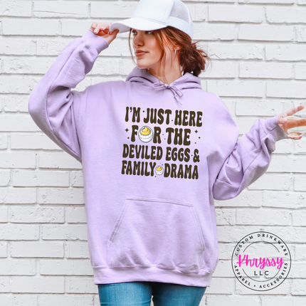 Orchid hoodie with the funny Thanksgiving deviled eggs saying graphic