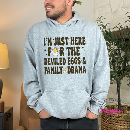 Sport grey fleece hoodie with drawstring hood and a playful family drama design.