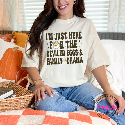 Soft Ivory pigment-dyed tee featuring a retro deviled egg humor design.