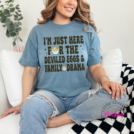 Ice Blue tee with the deviled eggs and family drama quote
