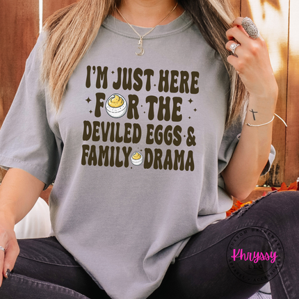 Gray tee with the funny Thanksgiving deviled eggs saying graphic