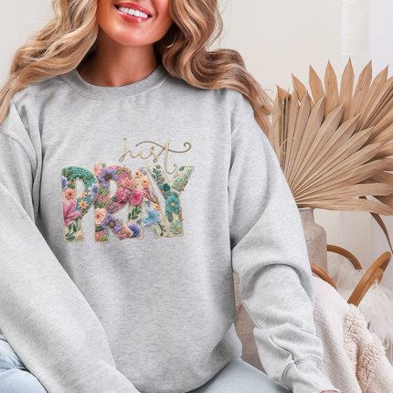 Just Pray Floral Embroidery Faith Crewneck Sweatshirt | Gift