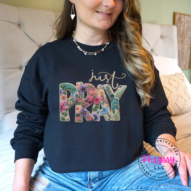 Just Pray Floral Embroidery Faith Crewneck Sweatshirt | Gift