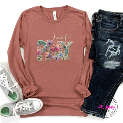 Just Pray Floral Embroidery Faith Long Sleeve Tee | Gift