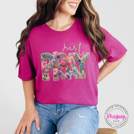 Just Pray Floral Embroidery Letters Faith Women's Tee
