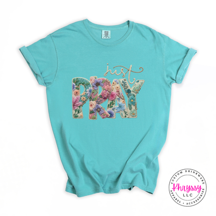 Just Pray Floral Embroidery Letters Faith Women's Tee