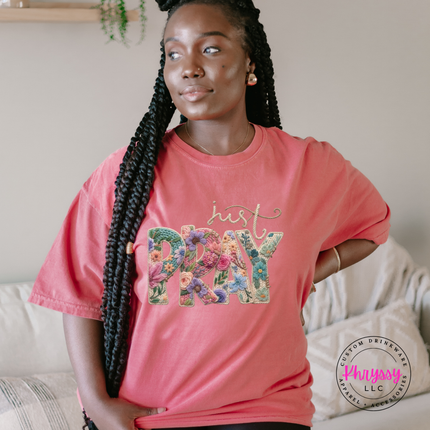 Just Pray Floral Embroidery Letters Faith Women's Tee
