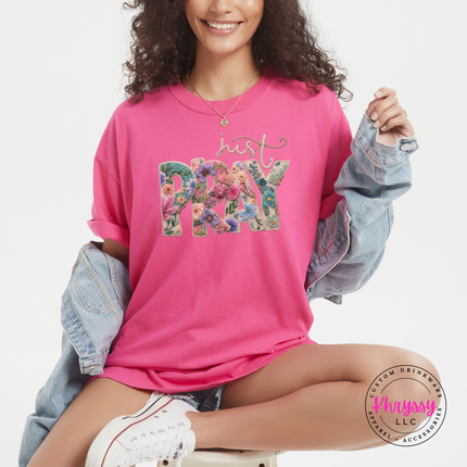 Just Pray Floral Embroidery Letters Faith Women's Tee