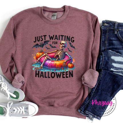 Just Waiting for Halloween Skeleton Crewneck Sweatshirt | Spooky Gift