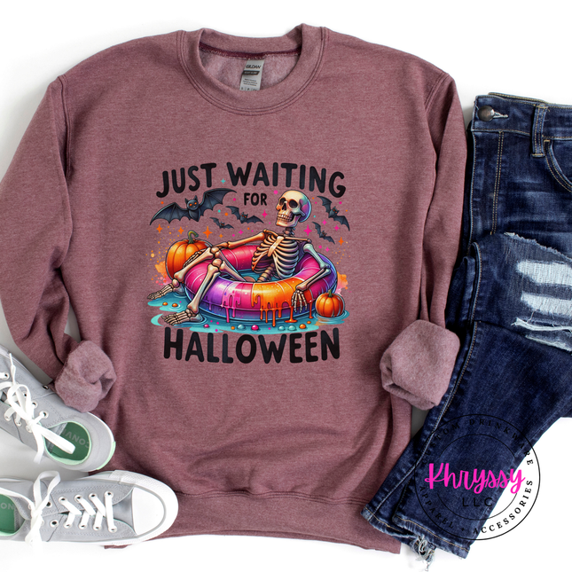 Just Waiting for Halloween Skeleton Crewneck Sweatshirt | Spooky Gift