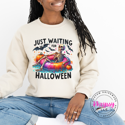 Just Waiting for Halloween Skeleton Crewneck Sweatshirt | Spooky Gift