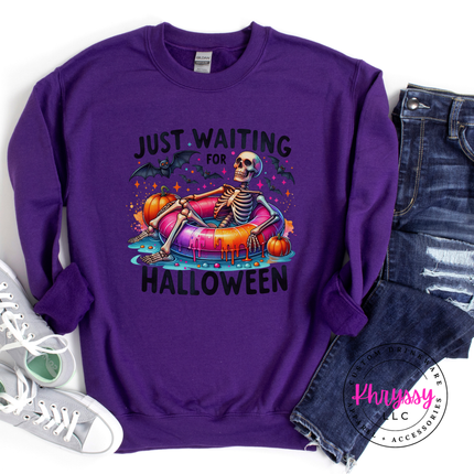 Just Waiting for Halloween Skeleton Crewneck Sweatshirt | Spooky Gift