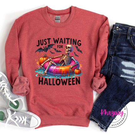Just Waiting for Halloween Skeleton Crewneck Sweatshirt | Spooky Gift