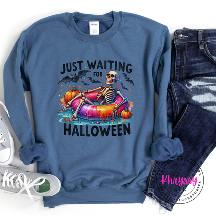 Just Waiting for Halloween Skeleton Crewneck Sweatshirt | Spooky Gift