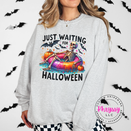 Just Waiting for Halloween Skeleton Crewneck Sweatshirt | Spooky Gift