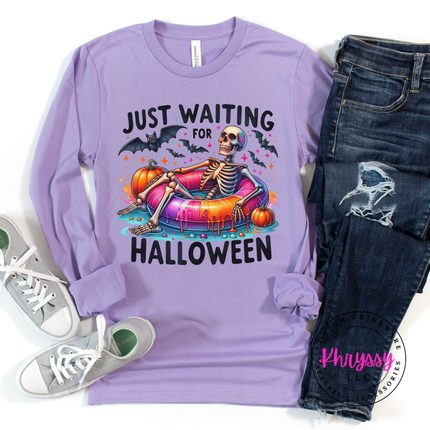 Just Waiting for Halloween Skeleton Long Sleeve Tee | Spooky Gift