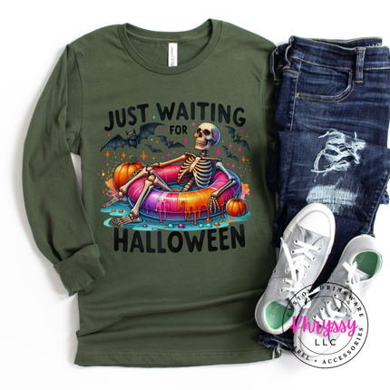 Just Waiting for Halloween Skeleton Long Sleeve Tee | Spooky Gift